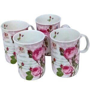 Vintage Dora Papis Easy Life Pink‎ Roses Pattern Fine Bone China Mugs Set of 4